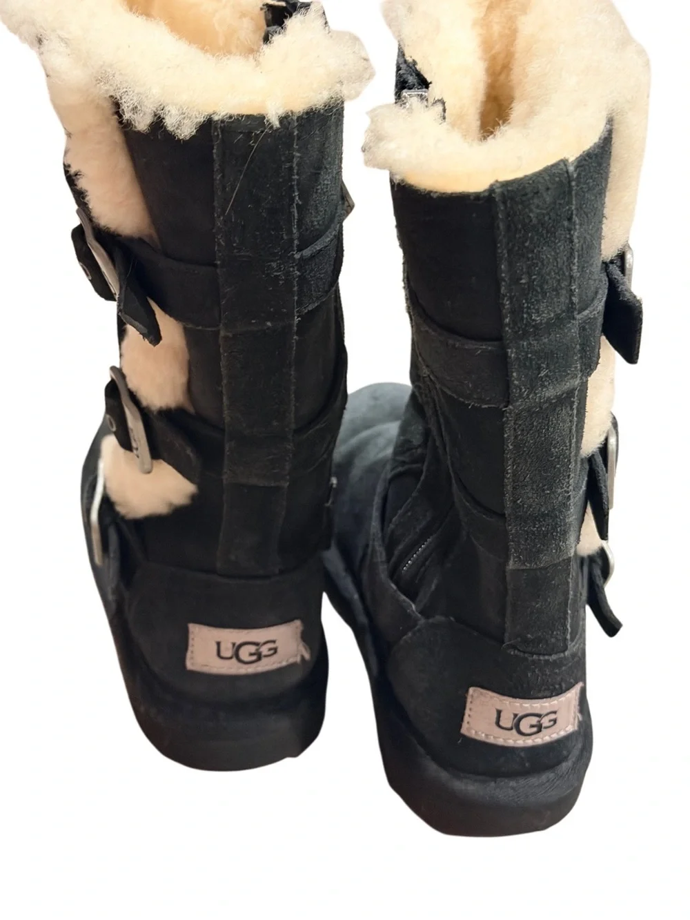 UGG Maddi Tall Black Suede Shearling Buckle Boots Kids Size 13